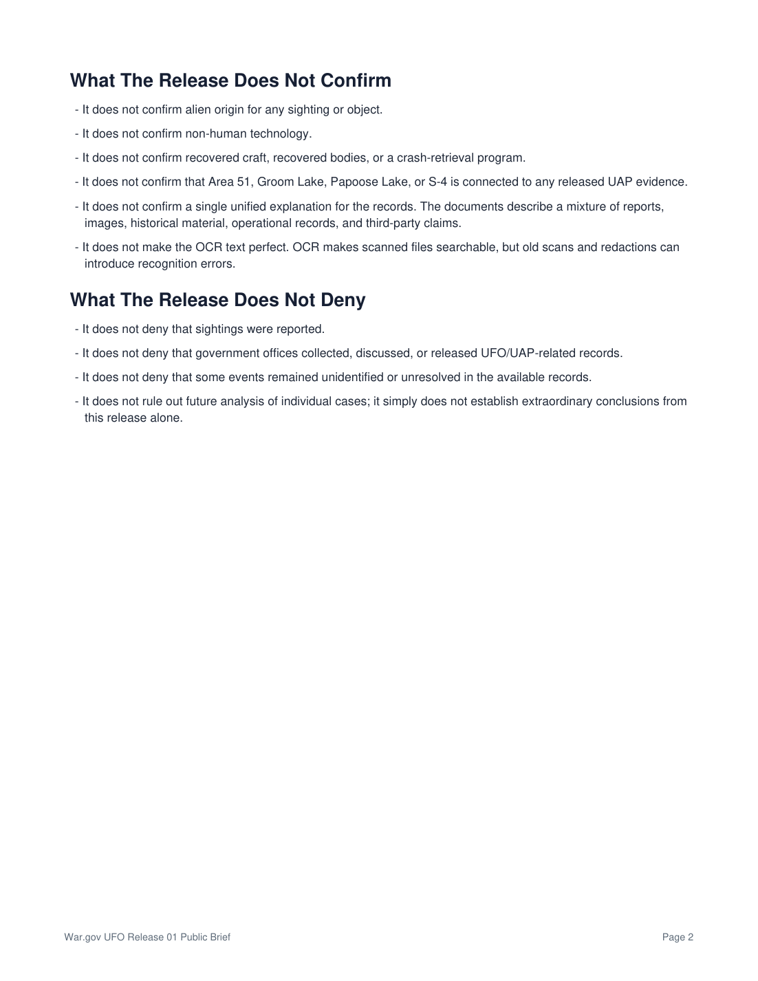 Page 2 of the War.gov UFO Release 01 public brief PDF