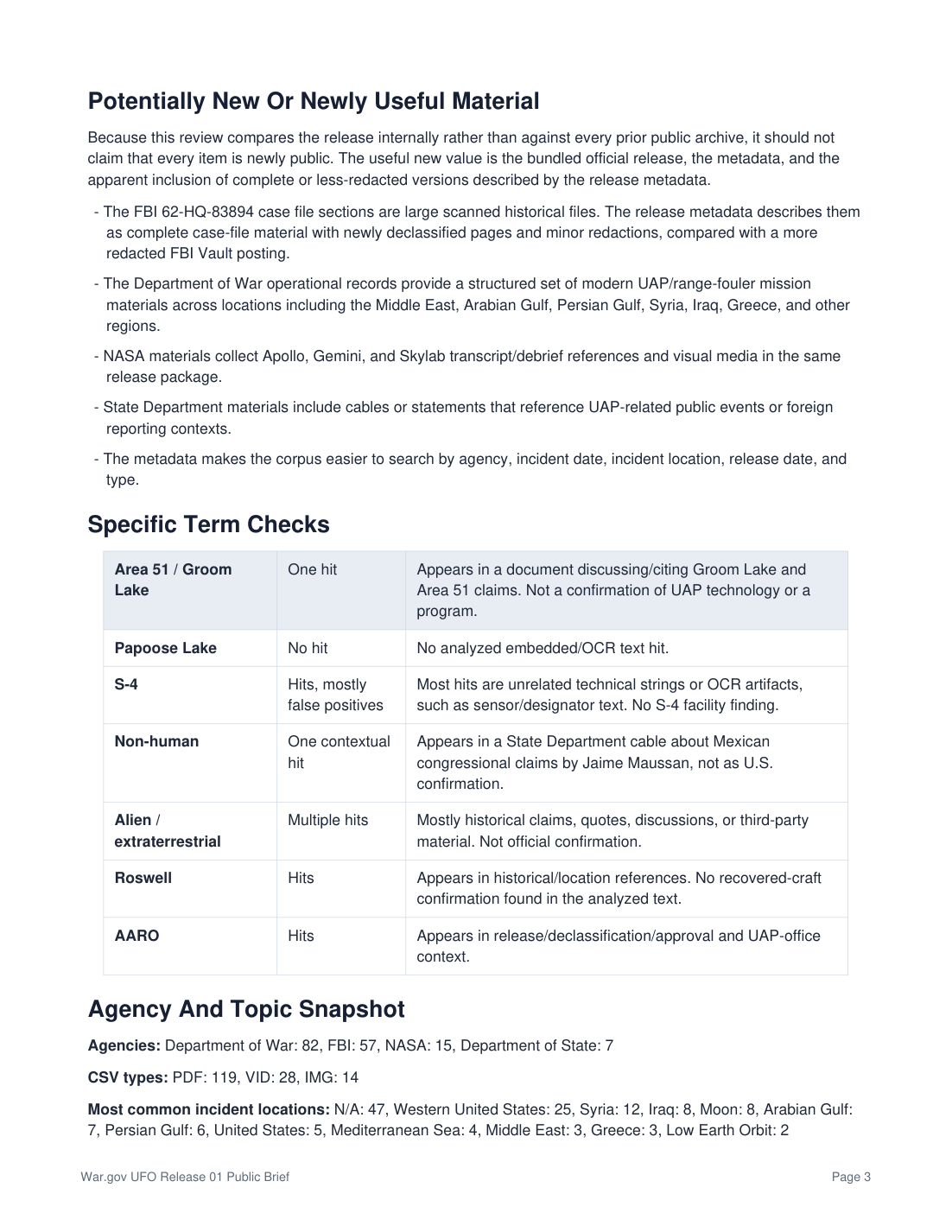 Page 3 of the War.gov UFO Release 01 public brief PDF